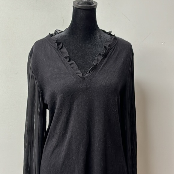 Siani Milano Women's Black Sweater Lace V-neck Cuffed Long Pleated Sheer Sleeves - Picture 2 of 10